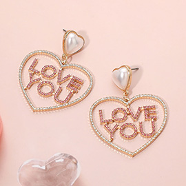 Stone Paved LOVE YOU Heart Dangle Earrings
