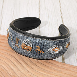 Western Cowboy Horse Concho Embellished Woven Denim Wide Headband