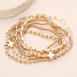 6PCS - Cross Charm Accent Seed Beaded Stretch Multi Layered Bracelets