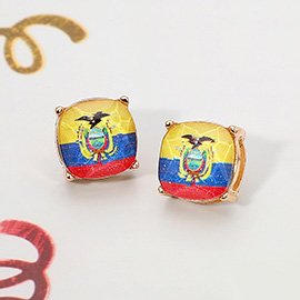 Ecuador Flag Printed Faceted Cushion Stud Earrings