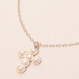 Round Pearl Accent Cross Pendant Necklace