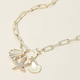 14k Gold Plated CZ Stone Paved Starfish Sea Shell Charm Pendant Industrial Chain Necklace