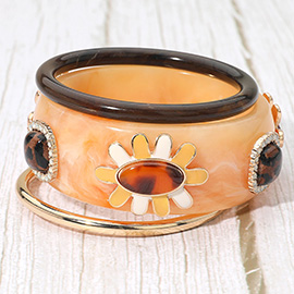3PCS - Floral Accent Chunky Resin Metal Multi Layered Bangle Bracelets