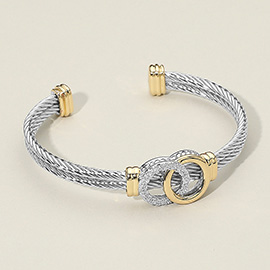 14K Gold Plated Two Tone CZ Stone Paved Interlocking Accent Double Row Cable Cuff Bracelet