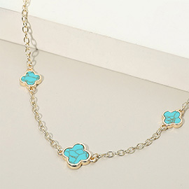 14K Gold Plated Turquoise Quatrefoil Motif Station Necklace