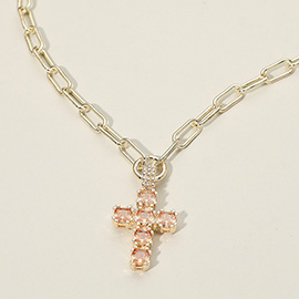 14K Gold Plated CZ Stone Cluster Cross Pendant Chunky Paperclip Chain Necklace
