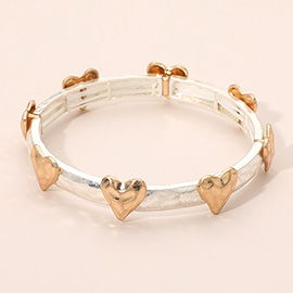Hammered Brushed Metal Heart Accent Stretch Bracelet