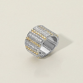 Two Tone CZ Stone Paved Textured Wide Ring