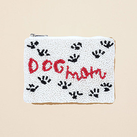 DOG MOM Message Paw Pattern Seed Beaded Mini Pouch Bag