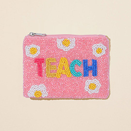 TEACH Message Floral Pattern Seed Beaded Mini Pouch Bag