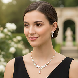 Teardrop CZ Stone Cluster Drop Floral Rhinestone Paved Necklace