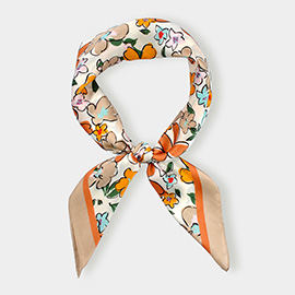 Flower Drawing Printed Square Silky Satin Bandana Scarf