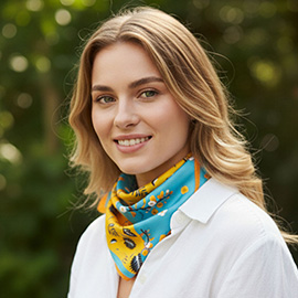 Floral Leaf Printed Square Silky Satin Bandana Scarf