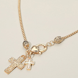 Stone Paved Mother of Pearl Cross Charm Pendant Necklace