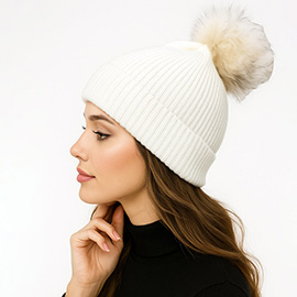 Genuine Fox Fur Pom Pom Ribbed Knit Winter Beanie Hat