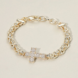 14K Gold Plated CZ Stone Paved Cross Accent Abstract Chain Bracelet