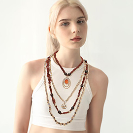 Boho Mixed Charm Accent Beaded Fabric Multi Layered Necklace