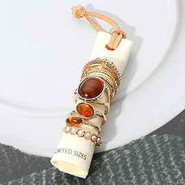 12PCS - Assorted Resin Stone Accent Pearl Link Textured Metal Stackable Ring Set