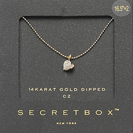 SECRET BOX_14K Gold Dipped CZ Stone Paved Heart Pendant Beaded Chain Necklace