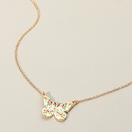 Floral Pattern Enamel Butterfly Pendant Necklace