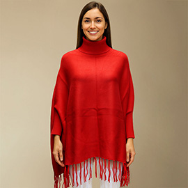 Cozy Turtleneck Fringe Hem Poncho