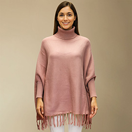 Cozy Turtleneck Fringe Hem Poncho