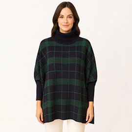 Checkered Turtleneck Knit Poncho