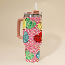 Bling Studded Heart Pattern 40oz Stainless Steel Tumbler with Handle