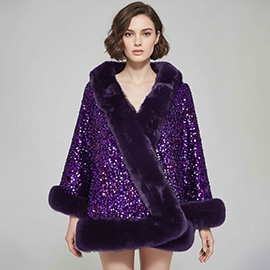 Festive Sequin Faux Fur Trim Shawl Poncho