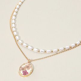 Floral Resin Pendant Pearl Metal Chain Layered Necklace