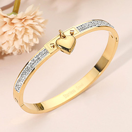 Stainless Steel Heart Charm Accent CZ Stone Paved Hinged Bangle Bracelet