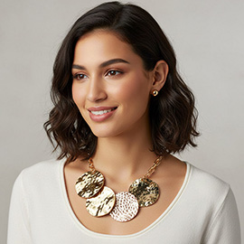 Bold Hammered Metal Disc Link Statement Necklace