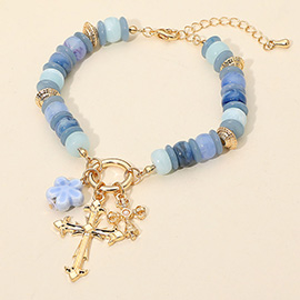 Cross Ceramic Floral Charm Resin Disc Beaded Bracelet