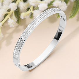 SECRET BOX_Stainless Steel Triple Row Stone Paved Hinged Bangle Bracelet