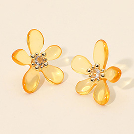 Round Center Stone Accent Transparent Resin Petal Flower Earrings