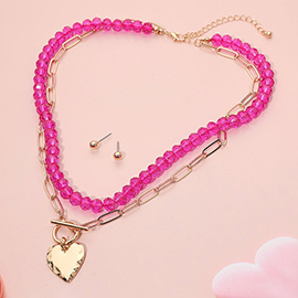 Hammered Metal Heart Toggle Pendant Accent Paperclip Beaded Chain Layered Necklace