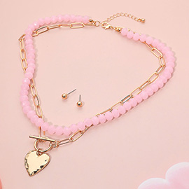 Hammered Metal Heart Toggle Pendant Accent Paperclip Beaded Chain Layered Necklace