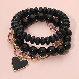 3PCS - Enamel Heart Charm Chain Stretch Beaded Multi Layered Bracelets