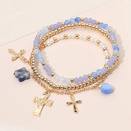 3PCS - Cross Floral Charm Pearl Metal Ball Faceted Beaded Stretch Multi Layered Bracelets