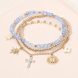3PCS - Cross Flower Star Sunburst Charm Pearl Metal Ball Faceted Beaded Stretch Multi Layered Bracelets