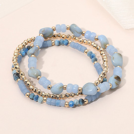 3PCS - Resin Pebble Metal Ball Beaded Stretch Multi Layered Bracelets