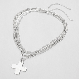 2PCS - Hammered Metal Cross Pendant Accent Multi Chain Layered Necklaces