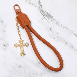 Cross Charm Drop Faux Leather Wristlet Keychain Bag Charm
