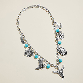 Boho Western Cowboy Boot Steer Head Cactus Concho Feather Charm Station Necklace