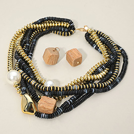 Chunky Pearl Wooden Cube Metal Pebble Accent Multi Disc Beaded Layered Toggle Statement Necklace