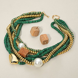 Chunky Pearl Wooden Cube Metal Pebble Accent Multi Disc Beaded Layered Toggle Statement Necklace