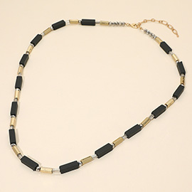 Structured Wooden Metal Bar Beaded Long Necklace