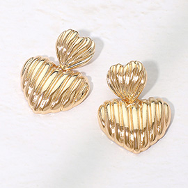 Textured Metal Double Heart Drop Earrings