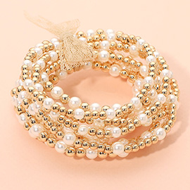 10PCS - Pearl Metal Ball Beaded Stretch Multi Layered Bracelets