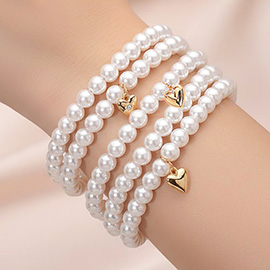 5PCS - Metal Heart Charm Pearl Beaded Stretch Multi Layered Bracelets